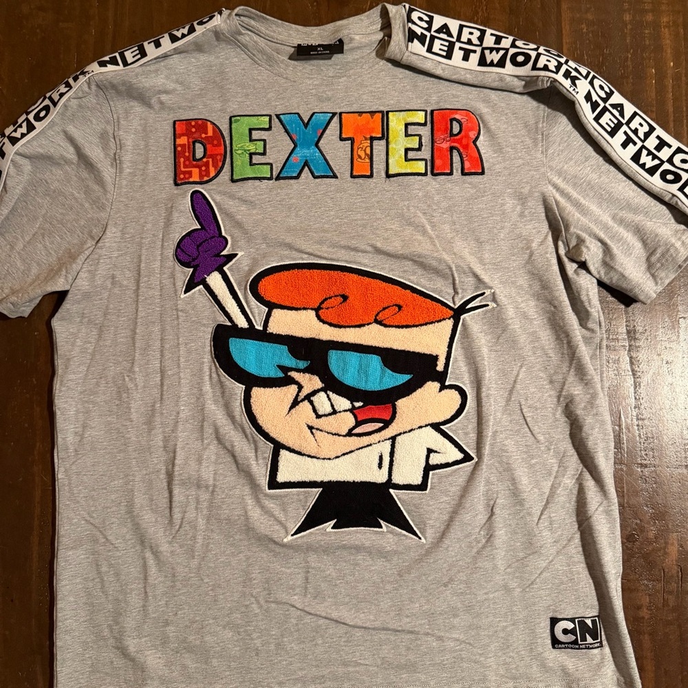 Cartoon Network Dexter Gray T-Shirt Embroidered Texture Velvet - Size XL